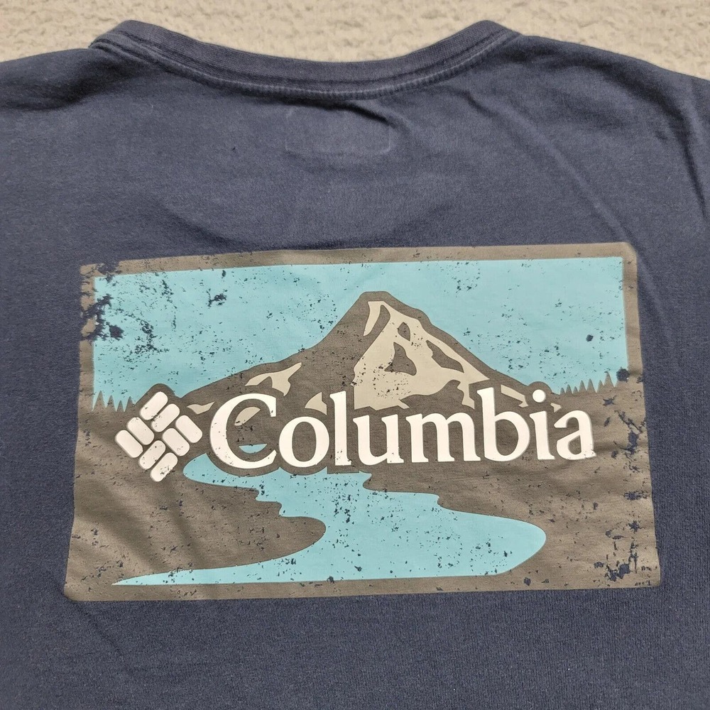 Columbia Shirt Mens Large Blue Spellout Graphic Tee Mountain Lake Outdoors Camp